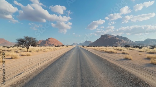 A scenic view of a highway stretching into the distance  with ample sky space for text.