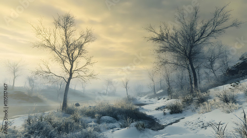 A Frozen Landscape Representing Seasonal Affective Disorder, Capturing the Isolation and Gloom of Winter's Darkness