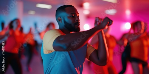 A high energy shot of a fitness coach demonstrating exercises to a small group in a bright gym, with focus on their dynamic movement photo