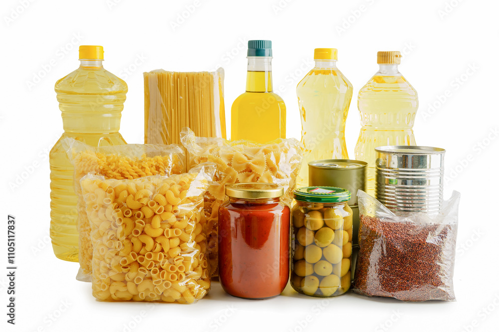 Foodstuffs collection isolated on white background for donation to help people. Foodstuffs collection isolated on white background for donation to help people.