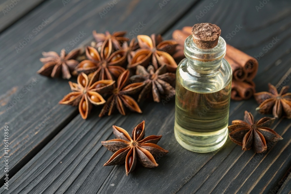 Star anise pods and anise seeds arranged with essential oil on a wooden surface Star anise pods and anise seeds arranged with essential oil on a wooden surface