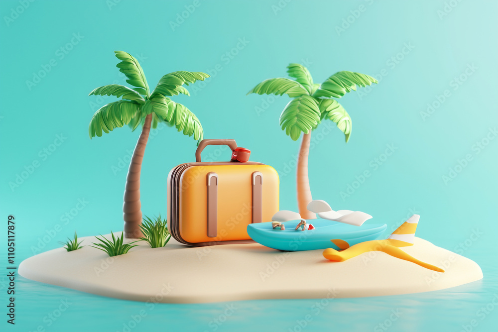 Obraz premium suitcase is on the beach next to a palm tree. The scene is bright and cheerful, with the suitcase and palm tree creating a sense of adventure and excitement