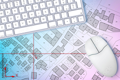 Slika na platnu Imaginary cadastral map of territory with buildings and roads drawn with a CAD -