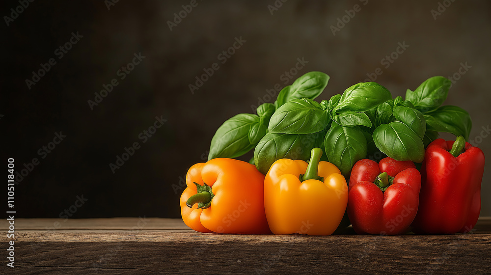Fresh yellow, red, and green bell peppers with basil on wooden table Fresh yellow, red, and green bell peppers with basil on wooden table