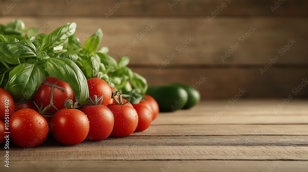 Fresh tomatoes and basil on wooden table, perfect for cooking Fresh tomatoes and basil on wooden table, perfect for cooking