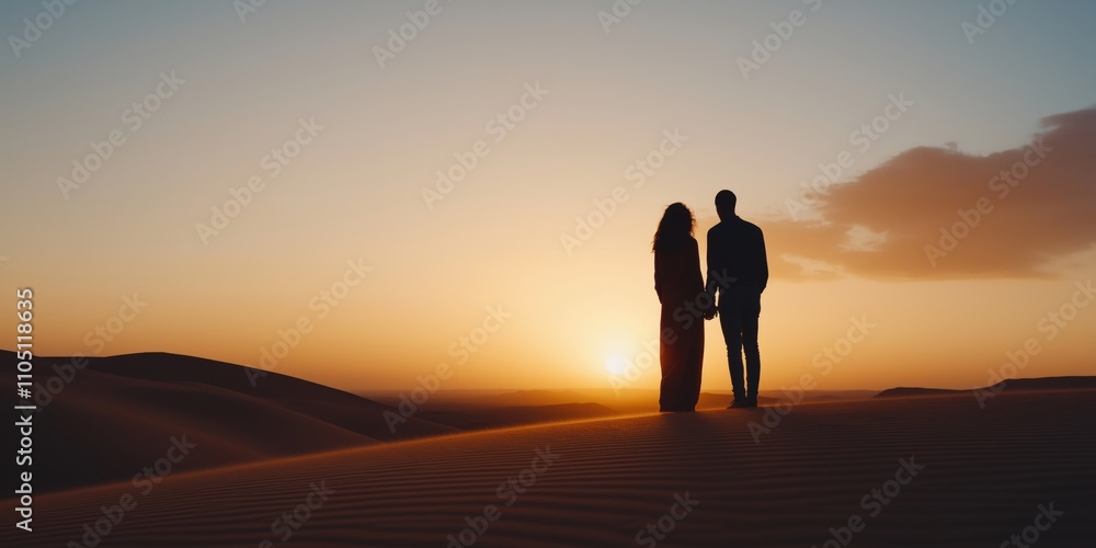 A couple admiring the sunset over a desert landscape in Morocco, with their silhouettes framed against the golden dunes A couple admiring the sunset over a desert landscape in Morocco, with their silhouettes framed against the golden dunes