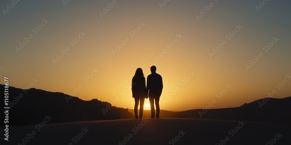A couple admiring the sunset over a desert landscape in Morocco, with their silhouettes framed against the golden dunes A couple admiring the sunset over a desert landscape in Morocco, with their silhouettes framed against the golden dunes
