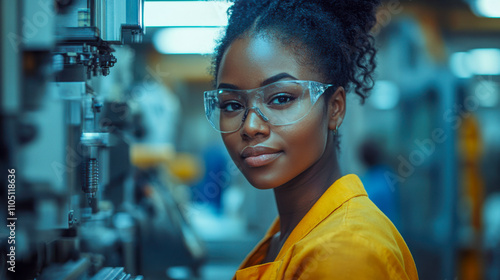 Black woman engineer working in industrial setting wearing safety glasses, focused and confident