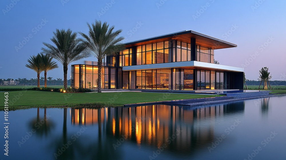 Obraz premium Modern glass house with palm trees reflecting in tranquil lake at sunset, showcasing blend of palm green and ocean blue hues. serene atmosphere enhances architectural elegance