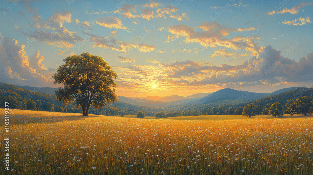 serene landscape with lone tree in sunlit meadow, surrounded by rolling hills under vibrant sunset sky. warm light enhances golden field and distant mountains, creating peaceful atmosphere serene landscape with lone tree in sunlit meadow, surrounded by rolling hills under vibrant sunset sky. warm light enhances golden field and distant mountains, creating peaceful atmosphere