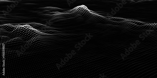 Abstract  background  wavy plane from dots on black. Technology concept analytical  data.  Banner for business, science and technology data analytics. Big Data.
