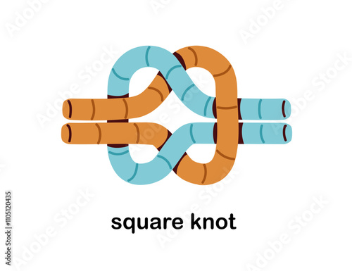 Square reef knot tying two ropes. Strong double binding, intertwined lace, cord. Secure connection, strings, lines, loops pattern. Flat graphic vector illustration isolated on white background