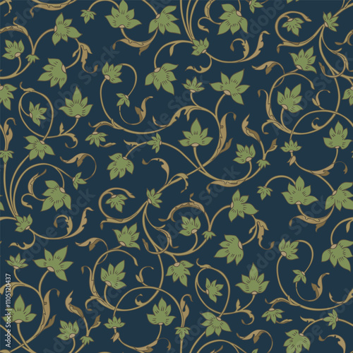 Dark seamless pattern. Intertwining vine with green leaves.