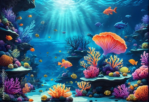 An underwater wonderland with luminescent corals and cartoonish sea creatures, AI Generated