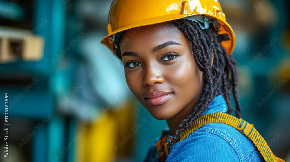 Confident black woman engineer wearing safety helmet in industrial setting Confident black woman engineer wearing safety helmet in industrial setting