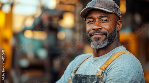 Confident black male artisan smiling in workshop wearing cap and apron