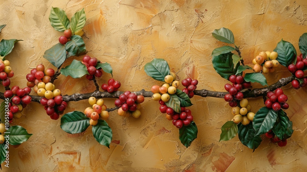 Coffee branch with ripe and unripe berries on textured background. Coffee branch with ripe and unripe berries on textured background.