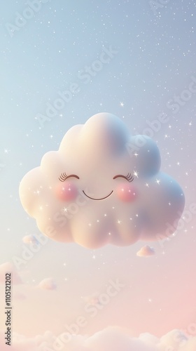 Smiley Cute Cloud Character with Rosy Cheeks in Whimsical Winter Wonderland Scene with Sparkling Snowflakes and Calming Atmosphere