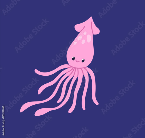 Cute squid with smiling face. Happy funny adorable marine underwater animal w...