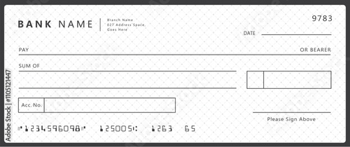 Bank check, vector blank money cheque, checkbook template with guilloche pattern and fields. Currency payment coupon, money check background