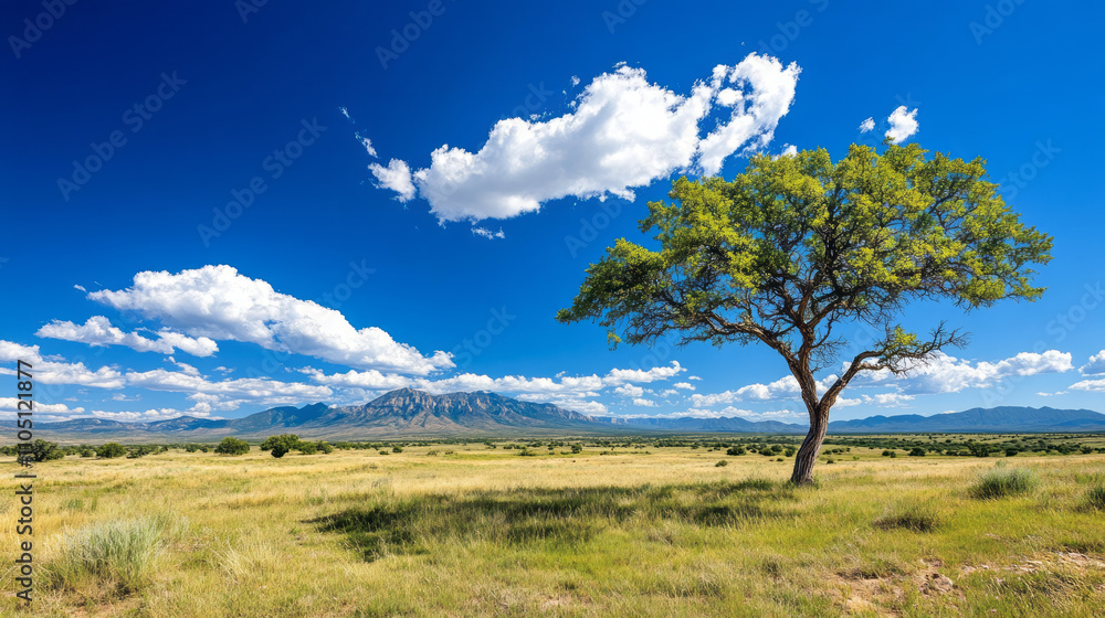 solitary tree stands in vast grassy plain under vibrant blue sky with scattered clouds, with distant mountains on horizon. scene evokes sense of tranquility and open space solitary tree stands in vast grassy plain under vibrant blue sky with scattered clouds, with distant mountains on horizon. scene evokes sense of tranquility and open space