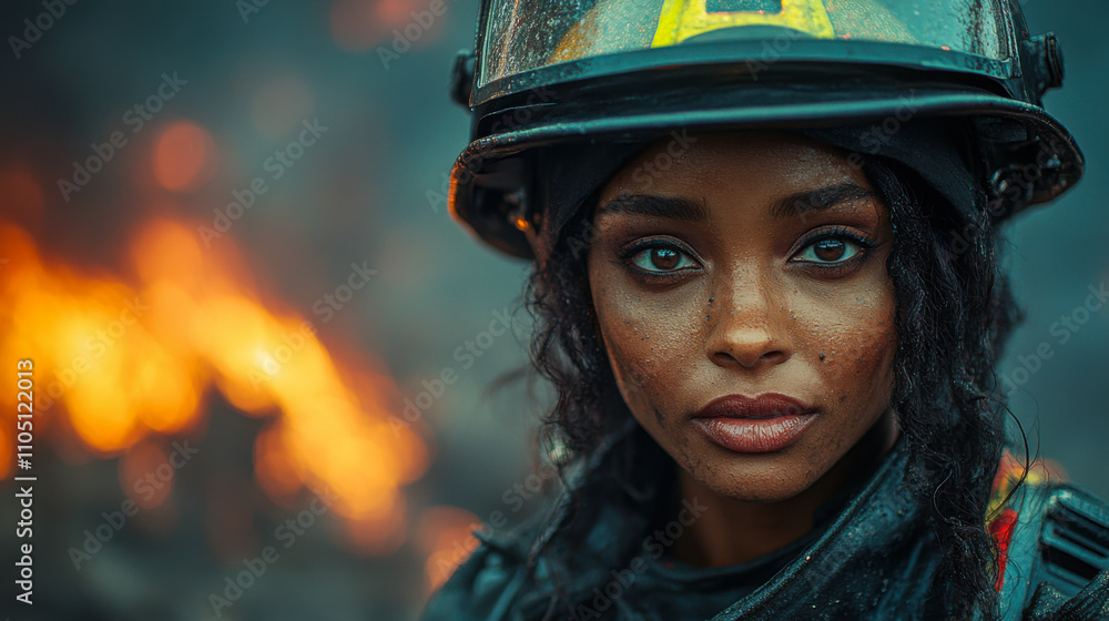 Determined black woman firefighter in helmet battling blaze outdoors Determined black woman firefighter in helmet battling blaze outdoors