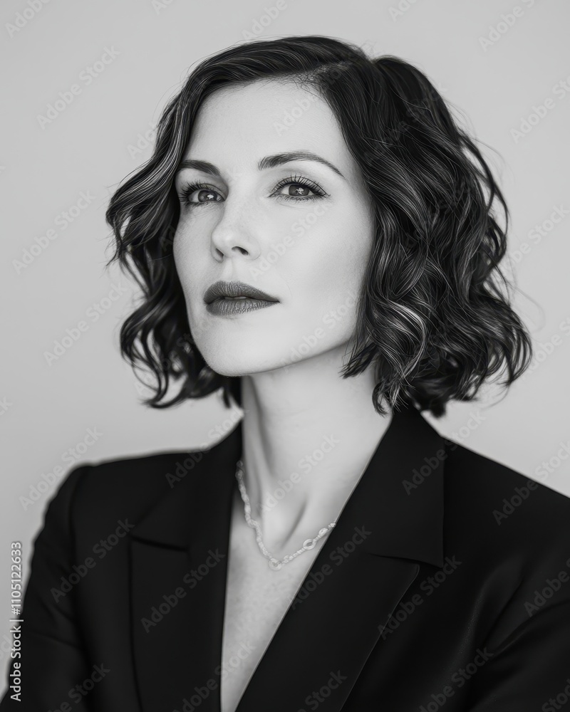 Elegant Black and White Portrait of a Woman with Short Curly Hair and a Delicate Necklace Elegant Black and White Portrait of a Woman with Short Curly Hair and a Delicate Necklace