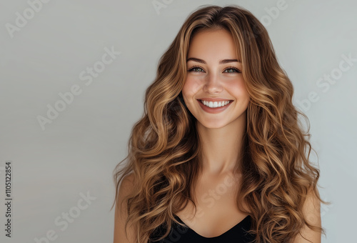 Happy woman . Beautiful laughing brunette model  girl  with long curly  hair . Smiling  womanbrown-haired   hairstyle wavy curls . Fashion , beauty and makeup portrait
