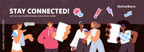 Design of advertising banner with people holding smartphones, communicate online. Characters with telephones, cellphones surfing the Internet. Man, woman show phone screen. Flat vector illustration