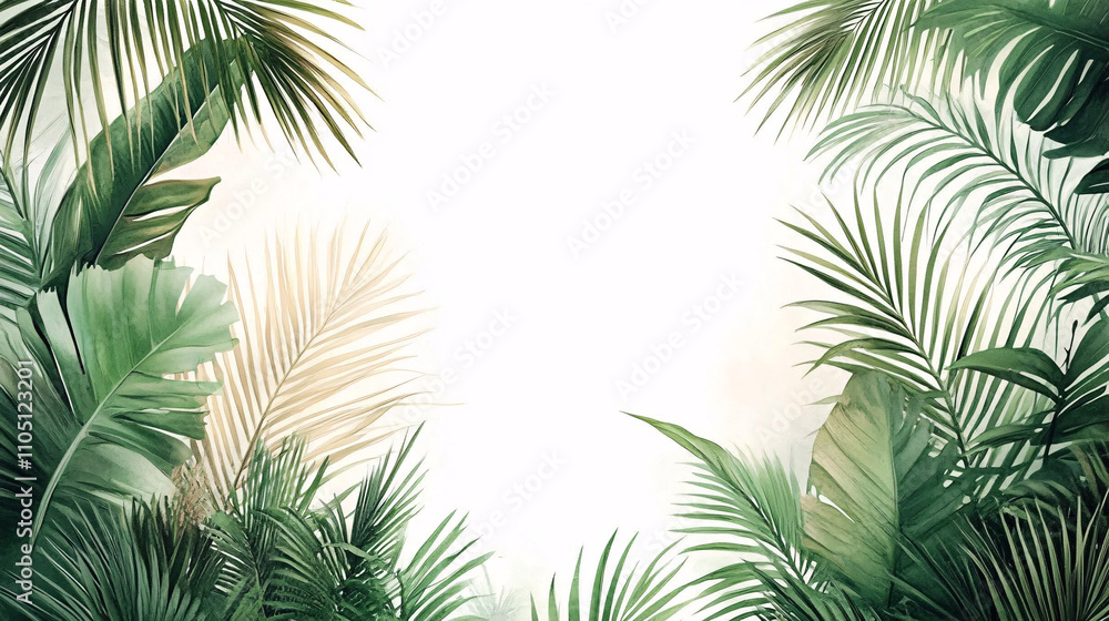 Watercolor-style aerial view of tropical foliage creating a serene, tranquil atmosphere, ideal for nature-themed design, relaxation spaces, or wellness projects. Watercolor-style aerial view of tropical foliage creating a serene, tranquil atmosphere, ideal for nature-themed design, relaxation spaces, or wellness projects.