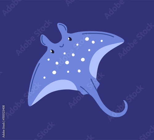 Stingray, cute marine undersea animal smiling. Adorable kawaii underwater sting ray floating in tropical sea water. Happy funny baby character. Flat vector illustration isolated on white background