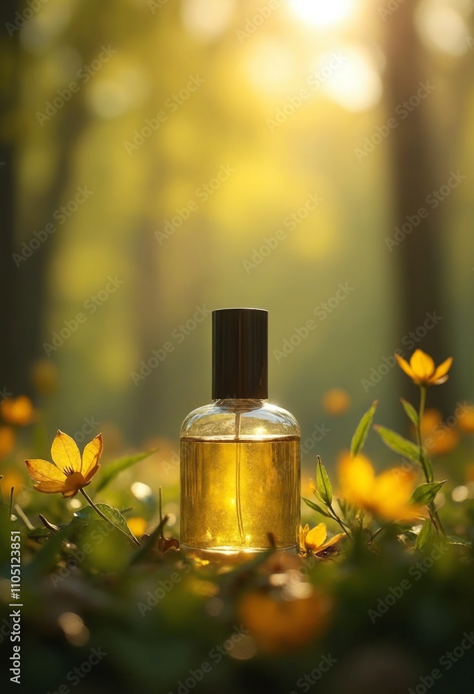 Perfume Bottle in Spring Forest with Sunlit Leaves Perfume Bottle in Spring Forest with Sunlit Leaves