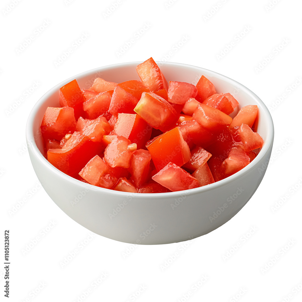 Bowl of fresh diced tomatoes, vibrant and juicy, isolated on transparent background. Bowl of fresh diced tomatoes, vibrant and juicy, isolated on transparent background.