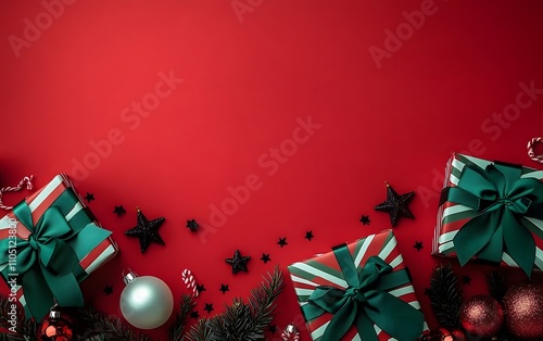 Festive red and green presents adorned with ribbons, surrounded by Christmas ornaments on a vibrant red backdrop, conveying a joyful holiday spirit,