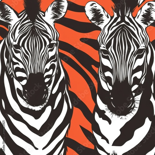 Two striking zebras with bold black and white stripes against a vibrant orange and black background. photo