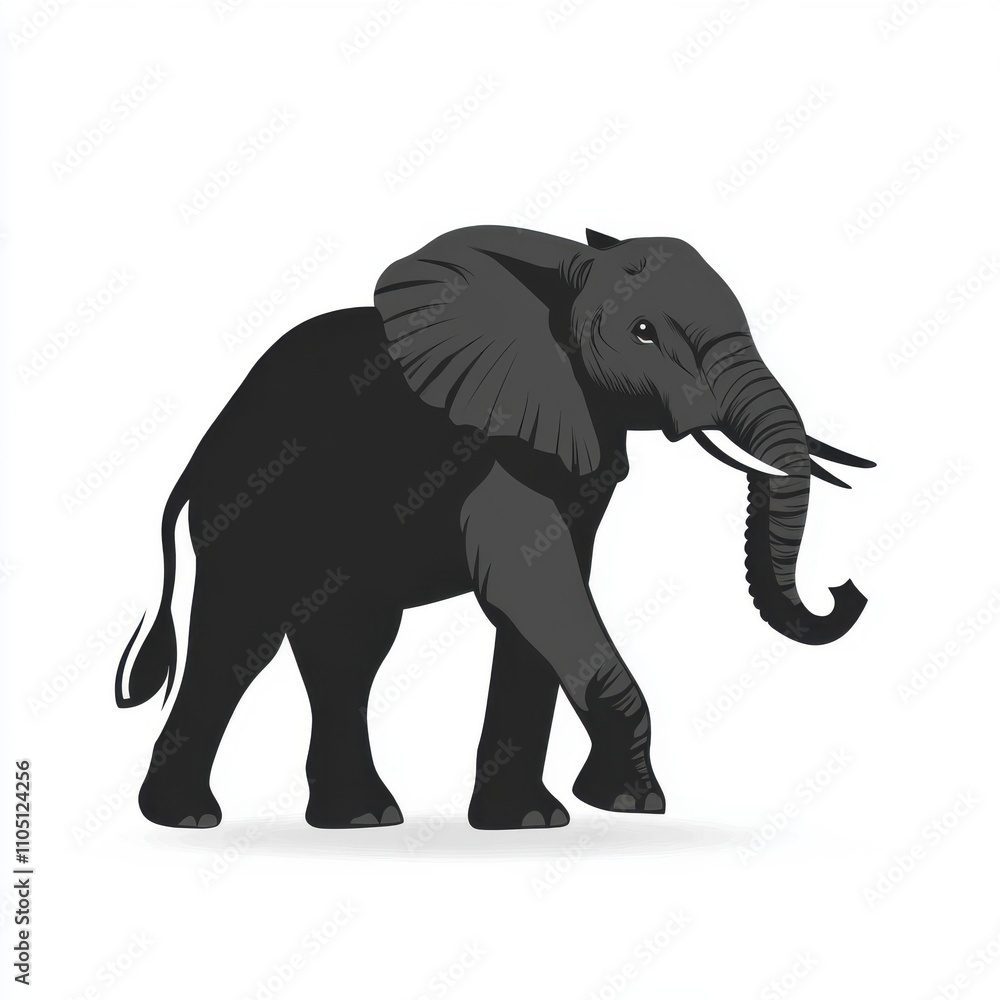 A stylized black elephant walking gracefully with its ears flared and trunk raised. A stylized black elephant walking gracefully with its ears flared and trunk raised.