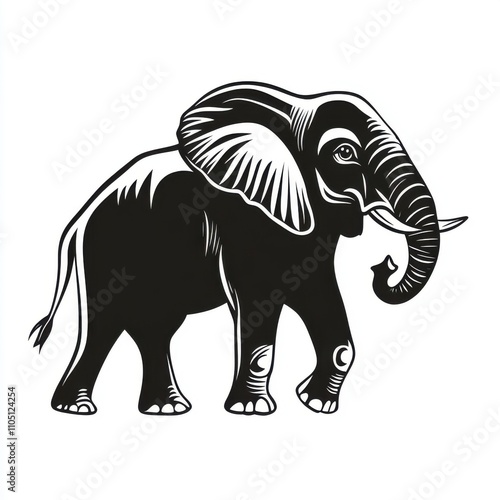 Stylized black and white illustration of a regal elephant in a confident pose. photo