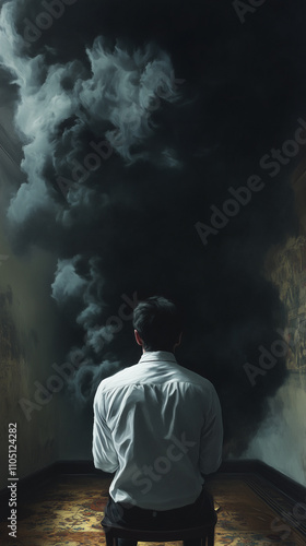 A man sits on a stool facing a dark cloud. The concept of meeting your “dark” state.