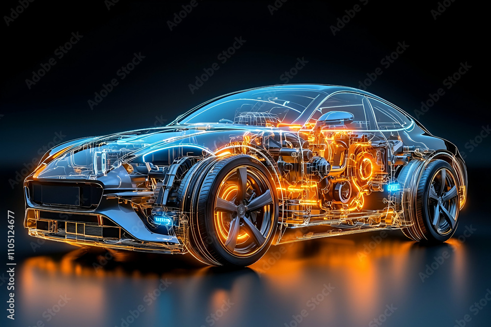 Fototapeta premium A futuristic, transparent car design showcases intricate internal components illuminated with glowing circuitry.