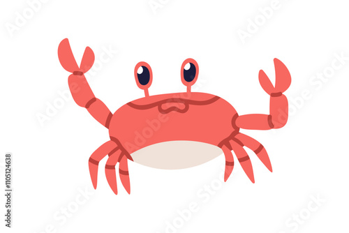 Cute crab with greeting claws and happy face. Adorable funny marine animal. Kawaii smiling baby character, tropical underwater crayfish. Flat vector illustration isolated on white background