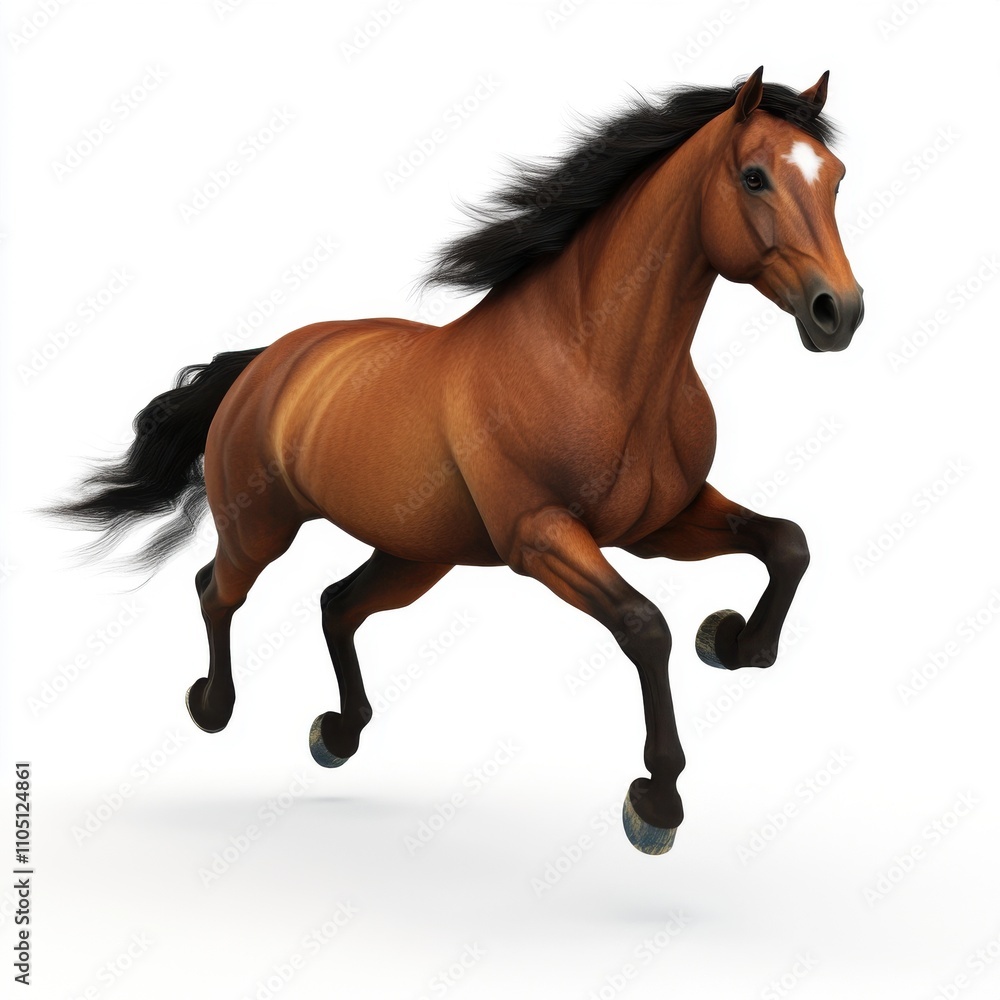 Fototapeta premium A majestic bay horse galloping gracefully with a flowing mane against a clean white backdrop.