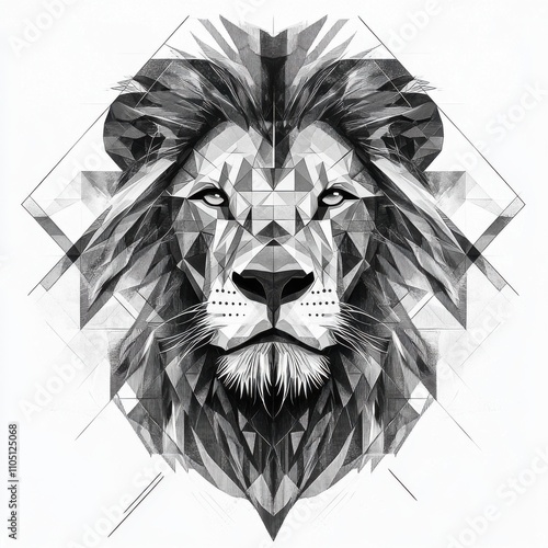 Geometric black and white lion illustration showcasing intricate angular patterns and strong features. photo