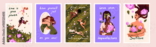 Designs of Love Yourself cards set. Women motivation posters with phrases about self acceptance, support, care. Inspirational postcards with diverse happy girls for 8 March. Flat vector illustrations