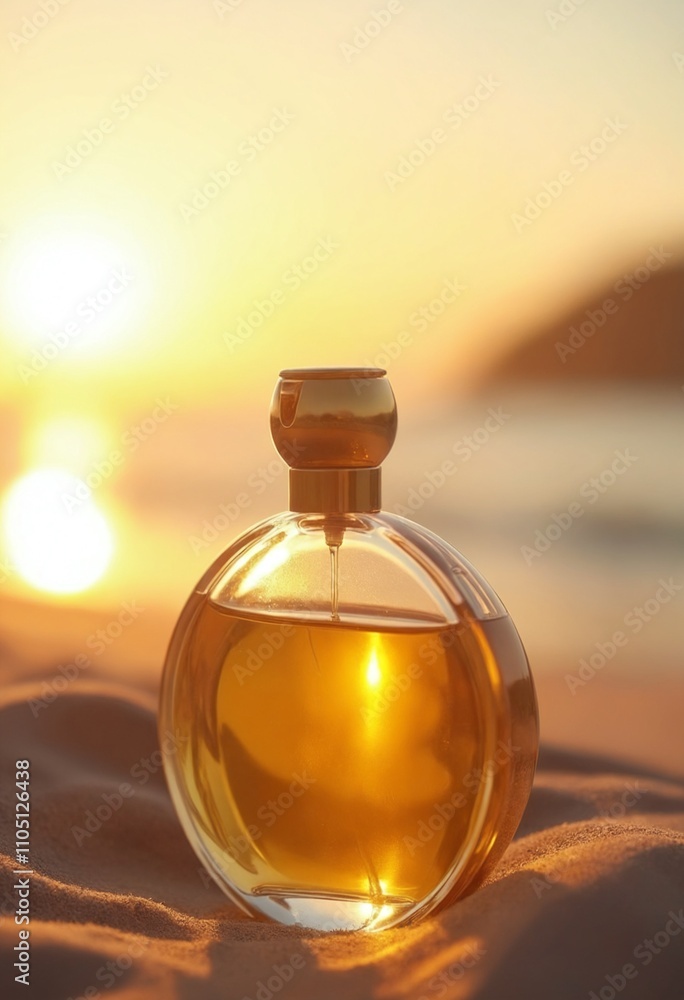 Perfume Bottle in Summer Beach with Sunlit Perfume Bottle in Summer Beach with Sunlit