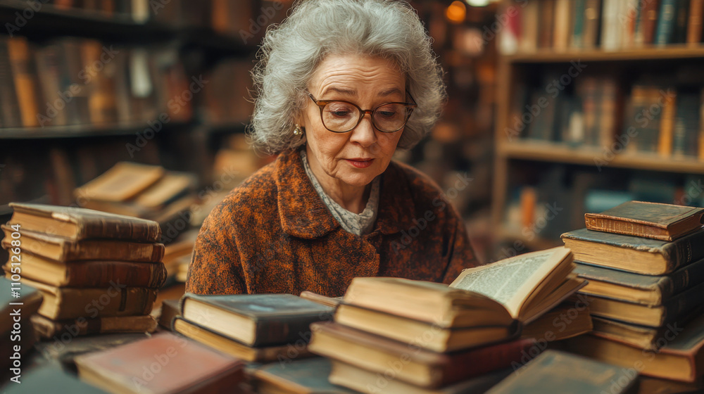 Elderly woman studying old books alone in a vintage library setting Elderly woman studying old books alone in a vintage library setting