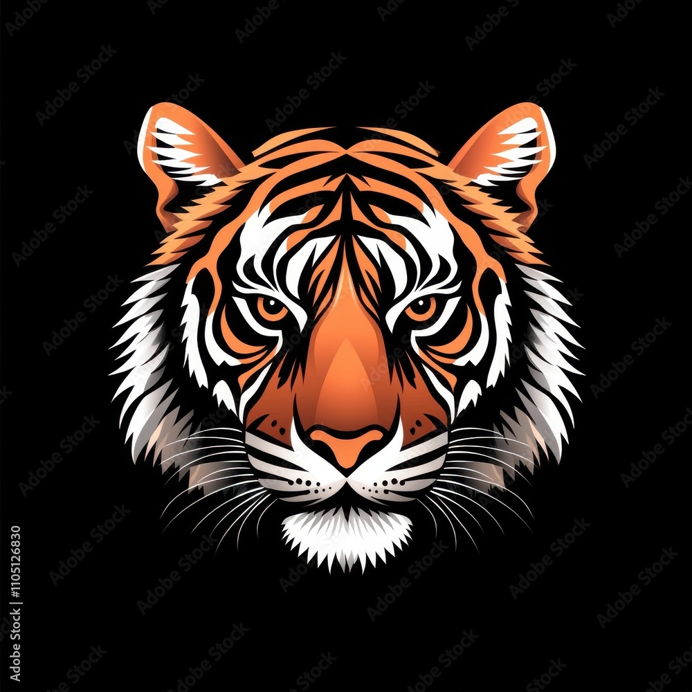 A fierce tiger�s face, displaying vibrant orange and black stripes on a dark background, exuding power and majesty. A fierce tiger�s face, displaying vibrant orange and black stripes on a dark background, exuding power and majesty.
