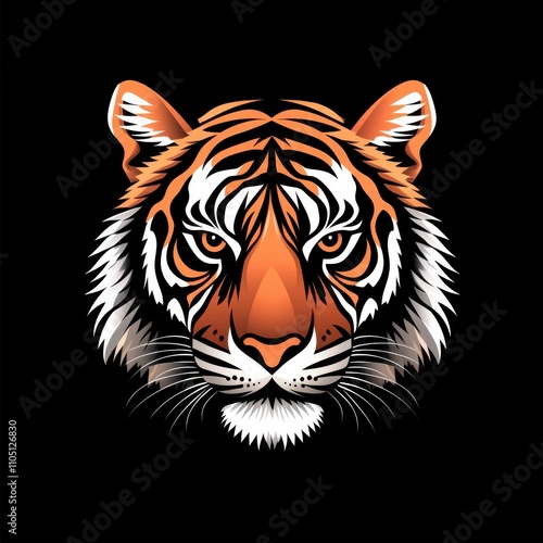 A fierce tiger�s face, displaying vibrant orange and black stripes on a dark background, exuding power and majesty. photo