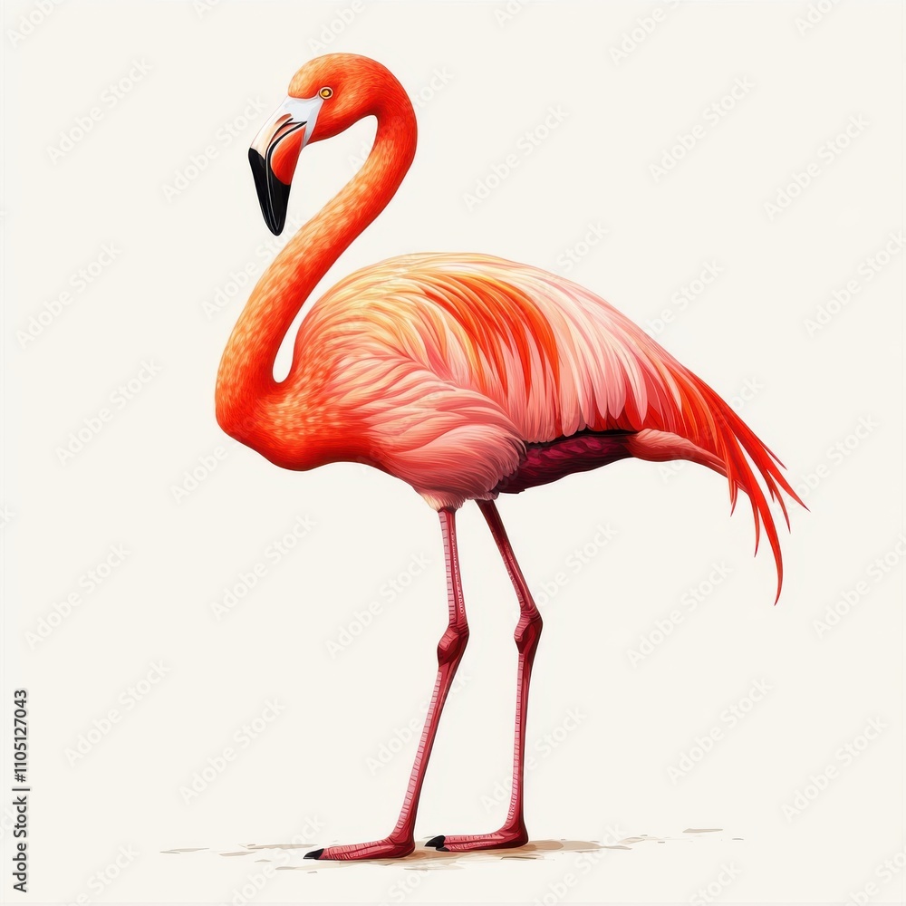 Fototapeta premium A vibrant pink flamingo stands elegantly, showcasing its unique plumage and long legs against a light background.