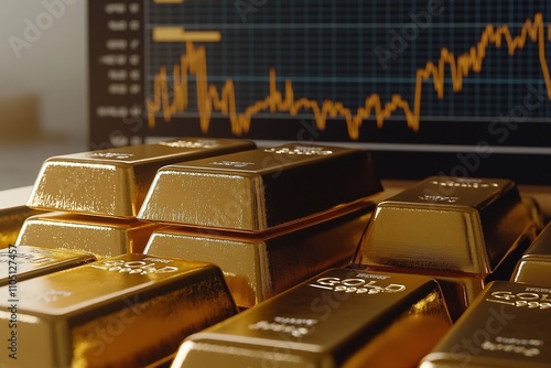 Concept for investing on Gold as safe haven; Gold bar on trolley with gold price candlestick chart in the background