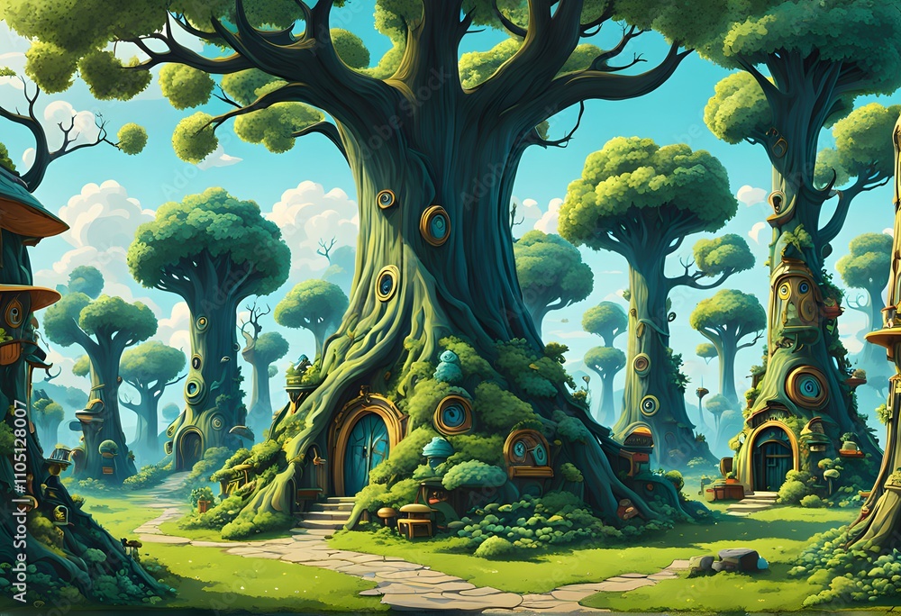 Obraz premium A valley of talking trees with expressive faces and quirky accessories, Ai Generated